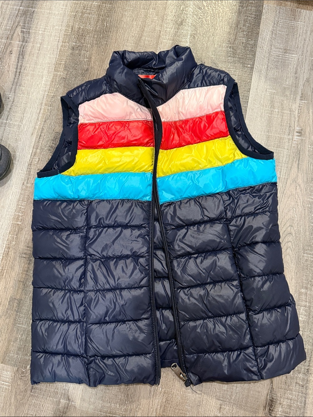 Aqua Navy Puffer Vest with Multicolor Stripe Yoke